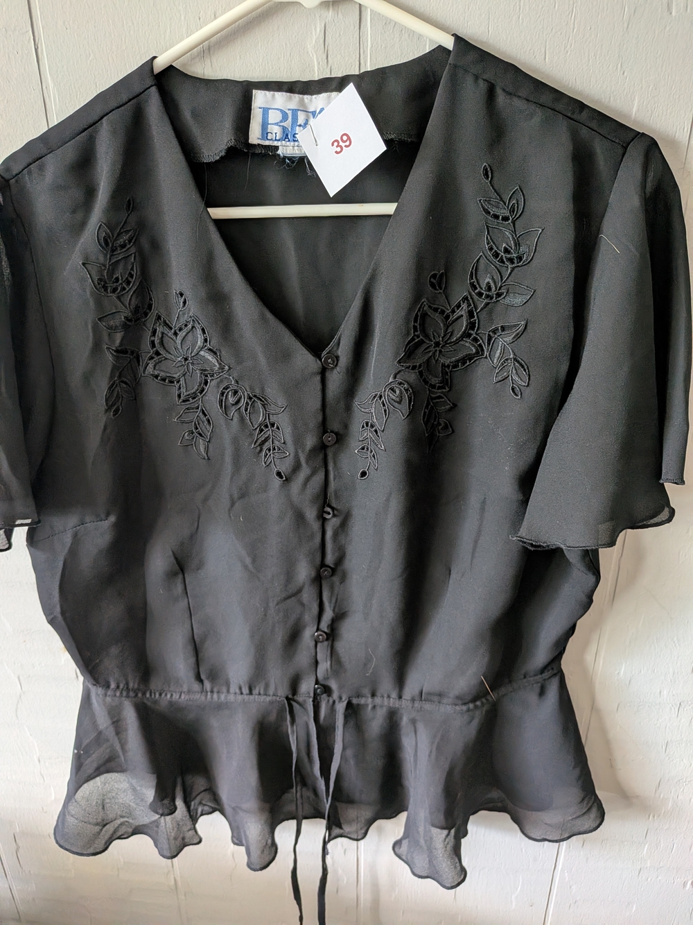 Classic Black V-Neck Embroidered Flutter-Sleeve Blouse
